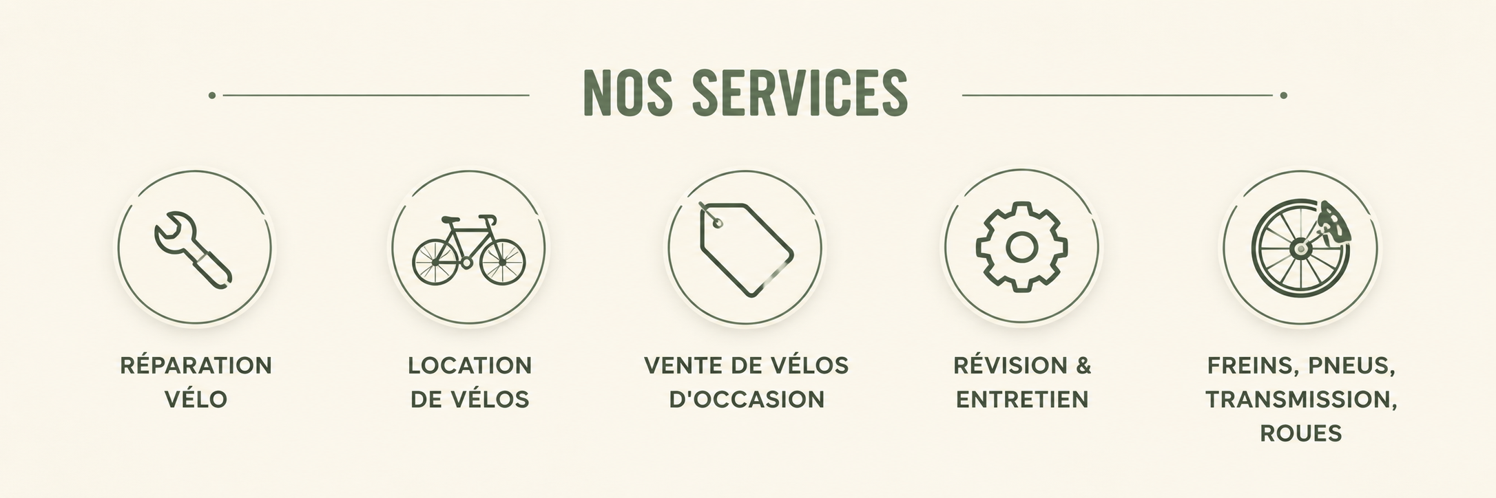 Nos services : réparation vélo, location de vélos, vente de vélos d’occasion, révision et entretien, freins pneus transmission roues